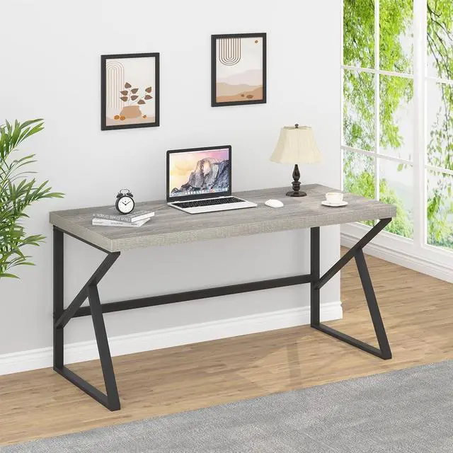 Alt view image 7 of 7 - HSH Gray Computer Desk, Industrial Wood and Metal Home Office Desk, Farmhouse Rustic PC Laptop Desk for Executive Work Writing Study Gaming, Modern Simple Bedroom Computer Table, Light Grey Oak, 55 In