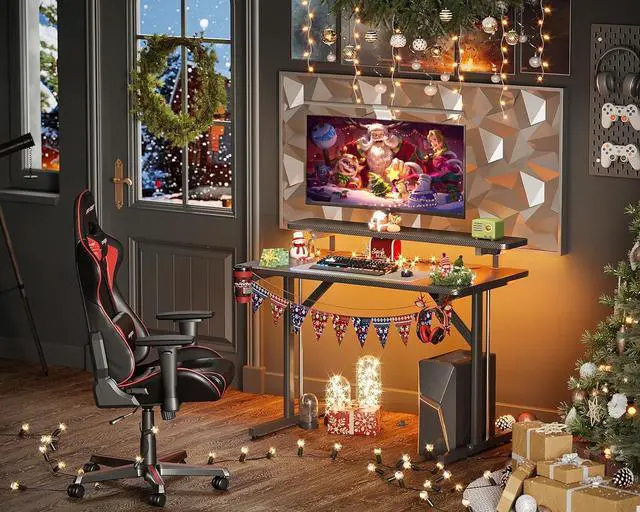 Alt view image 2 of 7 - MOTPK Small Gaming Desk with LED Lights & Power Outlets, 31 Inch Computer Desk Gaming Table with Monitor Shelf, Gamer Desk with Carbon Fiber Texture, Kids Boys Desk Gift for Men