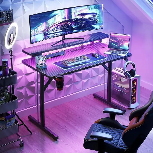 Alt view image 4 of 7 - MOTPK Small Gaming Desk with LED Lights & Power Outlets, 31 Inch Computer Desk Gaming Table with Monitor Shelf, Gamer Desk with Carbon Fiber Texture, Kids Boys Desk Gift for Men