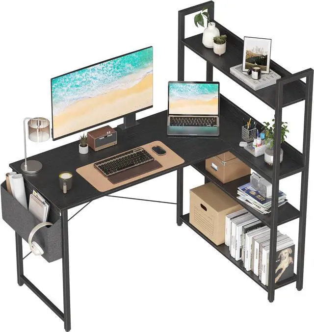 Main image of Treesland 47 Inch Computer Desk with Storage Shelves, L Shaped Desk with Storage, Corner Desk with Storage, Home Office Desks, Bookshelf Desk, Writing Study Desk for Bedroom, Black