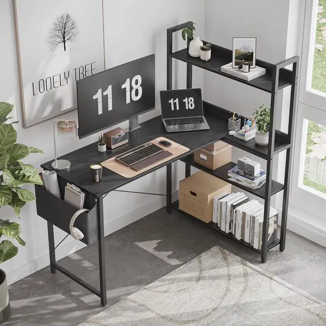 Alt view image 2 of 6 - Treesland 47 Inch Computer Desk with Storage Shelves, L Shaped Desk with Storage, Corner Desk with Storage, Home Office Desks, Bookshelf Desk, Writing Study Desk for Bedroom, Black