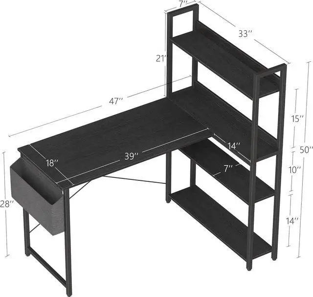 Alt view image 3 of 6 - Treesland 47 Inch Computer Desk with Storage Shelves, L Shaped Desk with Storage, Corner Desk with Storage, Home Office Desks, Bookshelf Desk, Writing Study Desk for Bedroom, Black