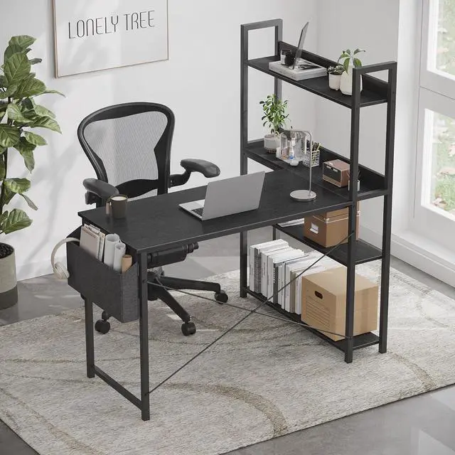 Alt view image 4 of 6 - Treesland 47 Inch Computer Desk with Storage Shelves, L Shaped Desk with Storage, Corner Desk with Storage, Home Office Desks, Bookshelf Desk, Writing Study Desk for Bedroom, Black