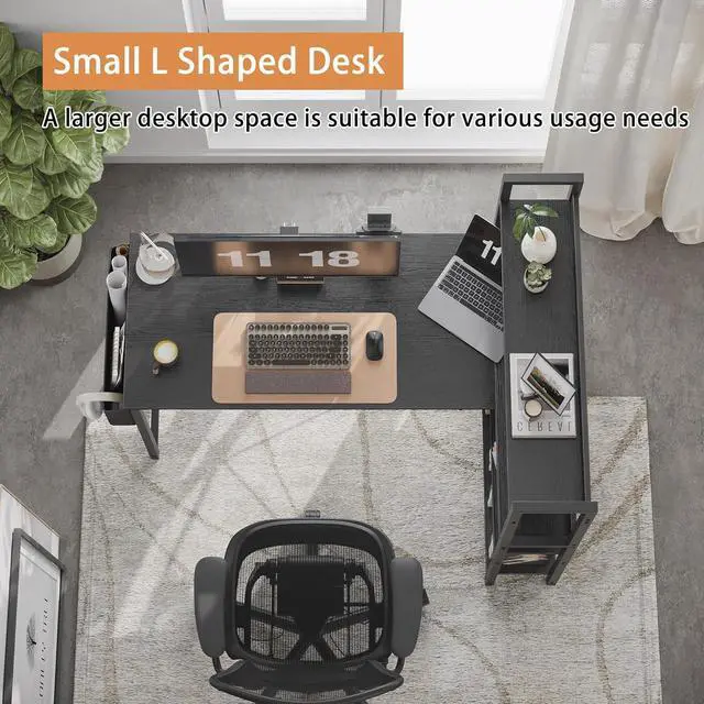 Alt view image 6 of 6 - Treesland 47 Inch Computer Desk with Storage Shelves, L Shaped Desk with Storage, Corner Desk with Storage, Home Office Desks, Bookshelf Desk, Writing Study Desk for Bedroom, Black