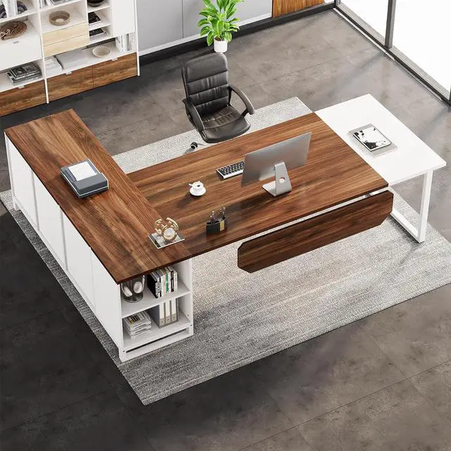 Alt view image 4 of 7 - Tribesigns 70.8" Executive Desk with 55" File Cabinet, Modern L Shaped Computer Desk with Storage Shelves and Cabinet, Large L Shaped Executive Desk for Home Office, Walnut White