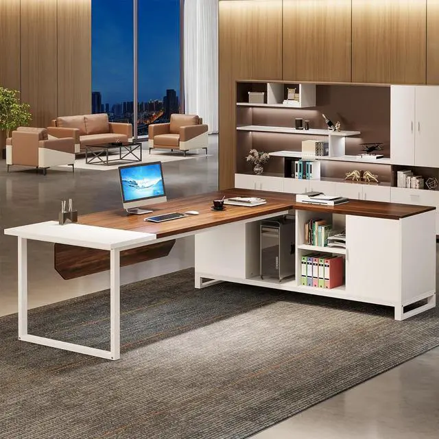 Alt view image 3 of 7 - Tribesigns 70.8" Executive Desk with 55" File Cabinet, Modern L Shaped Computer Desk with Storage Shelves and Cabinet, Large L Shaped Executive Desk for Home Office, Walnut White