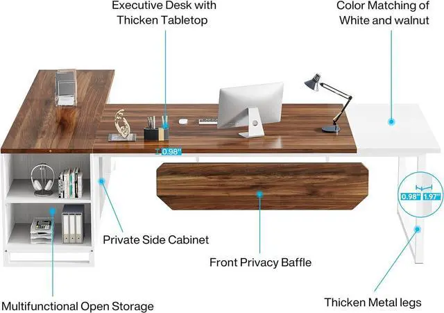 Alt view image 5 of 7 - Tribesigns 70.8" Executive Desk with 55" File Cabinet, Modern L Shaped Computer Desk with Storage Shelves and Cabinet, Large L Shaped Executive Desk for Home Office, Walnut White