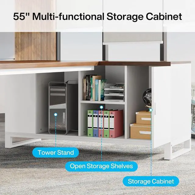 Alt view image 6 of 7 - Tribesigns 70.8" Executive Desk with 55" File Cabinet, Modern L Shaped Computer Desk with Storage Shelves and Cabinet, Large L Shaped Executive Desk for Home Office, Walnut White
