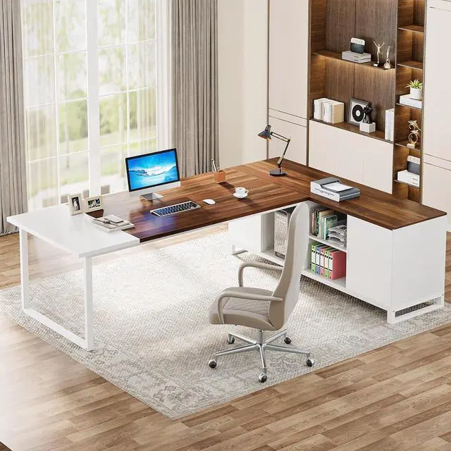 Alt view image 7 of 7 - Tribesigns 70.8" Executive Desk with 55" File Cabinet, Modern L Shaped Computer Desk with Storage Shelves and Cabinet, Large L Shaped Executive Desk for Home Office, Walnut White