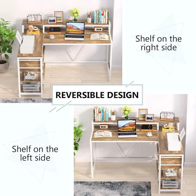Alt view image 4 of 7 - Tribesigns Reversible L Shaped Desk with Drawer, Industrial Corner Desk Home Office Table with Storage Shelves and Monitor Stand, Rustic Wooden and Metal PC Desk for Small Space (Oak)