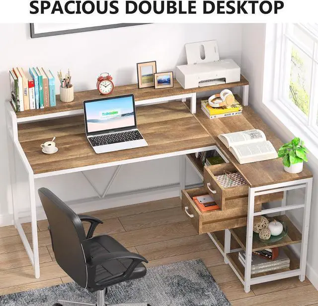 Alt view image 5 of 7 - Tribesigns Reversible L Shaped Desk with Drawer, Industrial Corner Desk Home Office Table with Storage Shelves and Monitor Stand, Rustic Wooden and Metal PC Desk for Small Space (Oak)