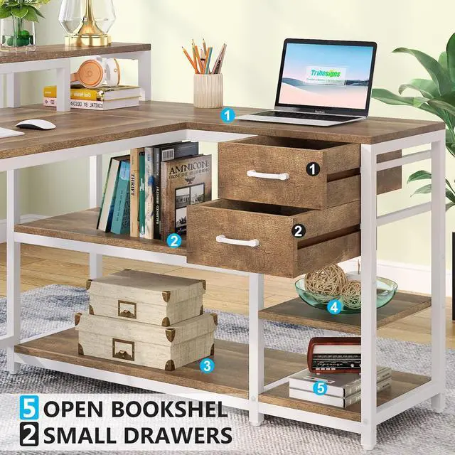 Alt view image 6 of 7 - Tribesigns Reversible L Shaped Desk with Drawer, Industrial Corner Desk Home Office Table with Storage Shelves and Monitor Stand, Rustic Wooden and Metal PC Desk for Small Space (Oak)