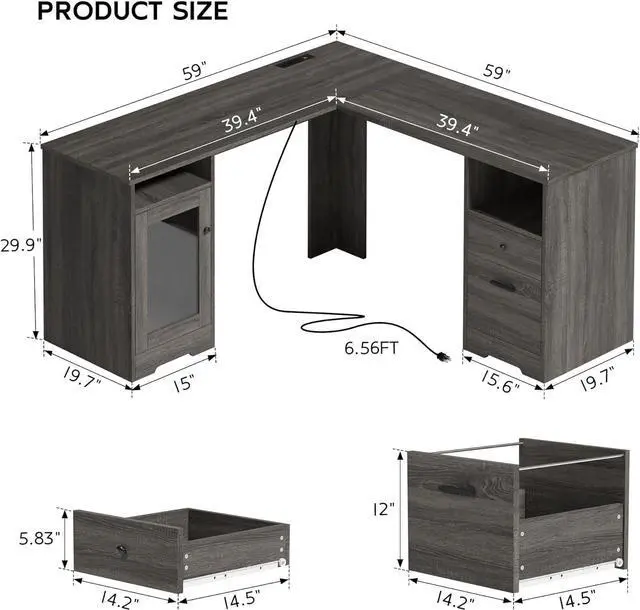 Alt view image 2 of 7 - MU L Shaped Desk with File Drawer, 60 Inch Corner Desk with Storage Drawers & Cabinet, Large Home Office Desk with Power Outlets, Wood Executive Office Desk, Grey