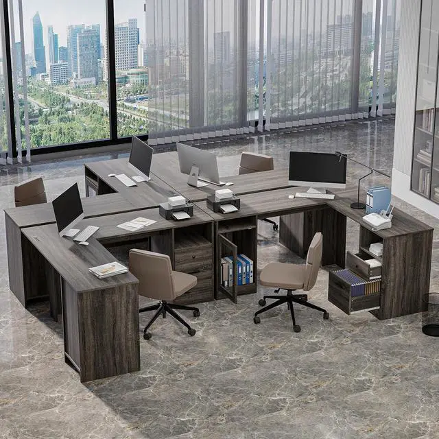 Alt view image 3 of 7 - MU L Shaped Desk with File Drawer, 60 Inch Corner Desk with Storage Drawers & Cabinet, Large Home Office Desk with Power Outlets, Wood Executive Office Desk, Grey