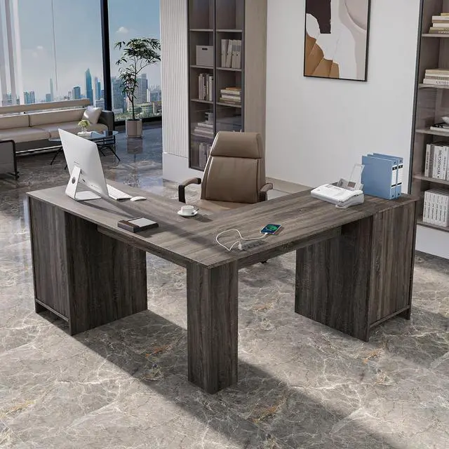 Alt view image 4 of 7 - MU L Shaped Desk with File Drawer, 60 Inch Corner Desk with Storage Drawers & Cabinet, Large Home Office Desk with Power Outlets, Wood Executive Office Desk, Grey