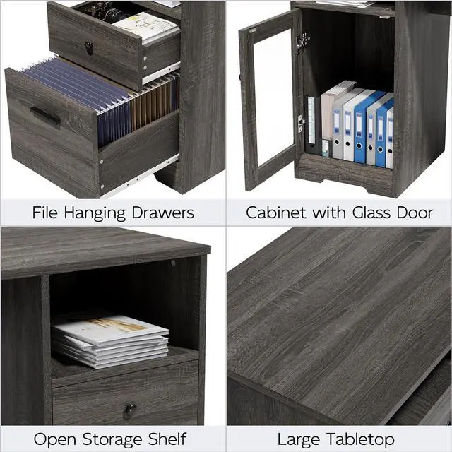 Alt view image 7 of 7 - MU L Shaped Desk with File Drawer, 60 Inch Corner Desk with Storage Drawers & Cabinet, Large Home Office Desk with Power Outlets, Wood Executive Office Desk, Grey