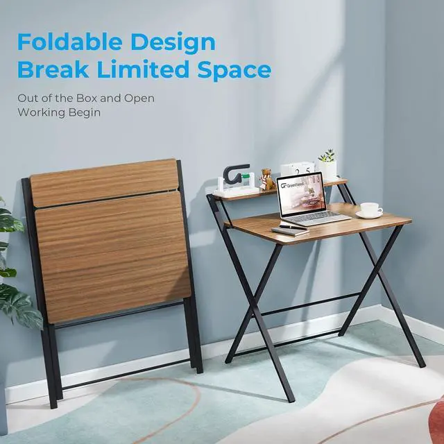 Alt view image 4 of 7 - GreenForest Small Folding Desk No Assembly Required, Fully Unfold 27.3 x 22 inch 2-Tier Computer Desk with Shelf Space Saving Foldable Table for Small Spaces, Espresso