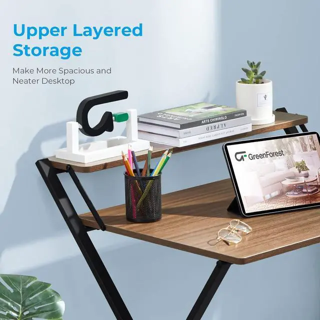 Alt view image 6 of 7 - GreenForest Small Folding Desk No Assembly Required, Fully Unfold 27.3 x 22 inch 2-Tier Computer Desk with Shelf Space Saving Foldable Table for Small Spaces, Espresso