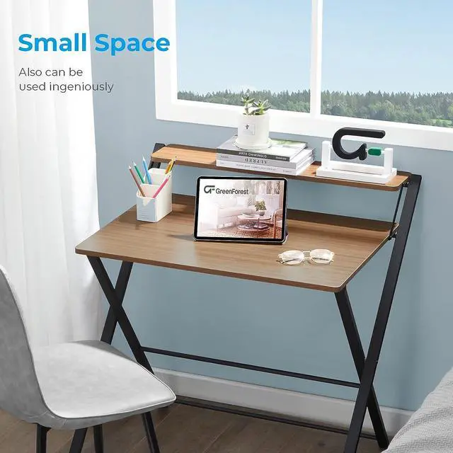 Alt view image 7 of 7 - GreenForest Small Folding Desk No Assembly Required, Fully Unfold 27.3 x 22 inch 2-Tier Computer Desk with Shelf Space Saving Foldable Table for Small Spaces, Espresso