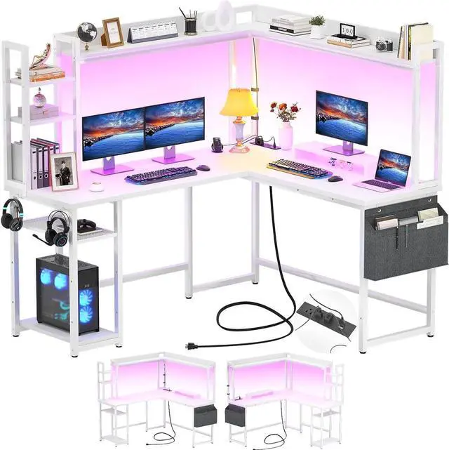 Main image of Aheaplus L Shaped Desk with Power Outlet, L Shaped Gaming Desk with Led Light & Hutch, Reversible Home Office Desk, Corner Computer Desk Writing Desk with Monitor Stand & Storage Shelves, White