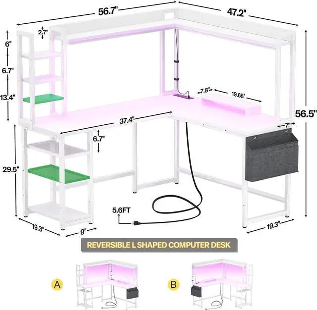 Alt view image 3 of 7 - Aheaplus L Shaped Desk with Power Outlet, L Shaped Gaming Desk with Led Light & Hutch, Reversible Home Office Desk, Corner Computer Desk Writing Desk with Monitor Stand & Storage Shelves, White