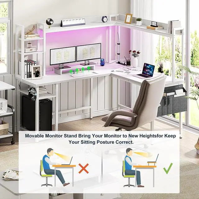 Alt view image 6 of 7 - Aheaplus L Shaped Desk with Power Outlet, L Shaped Gaming Desk with Led Light & Hutch, Reversible Home Office Desk, Corner Computer Desk Writing Desk with Monitor Stand & Storage Shelves, White