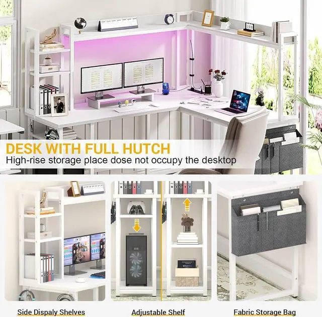 Alt view image 7 of 7 - Aheaplus L Shaped Desk with Power Outlet, L Shaped Gaming Desk with Led Light & Hutch, Reversible Home Office Desk, Corner Computer Desk Writing Desk with Monitor Stand & Storage Shelves, White