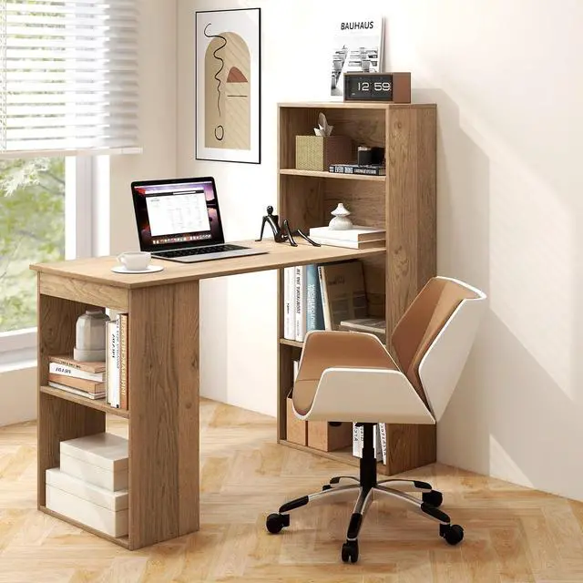 Alt view image 4 of 7 - Tangkula Computer Desk with Bookshelf, Writing Study Desk with Storage Shelves & CPU Stand, Modern Compact Computer Workstation for Home & Office, Space-Saving Design(Natural)
