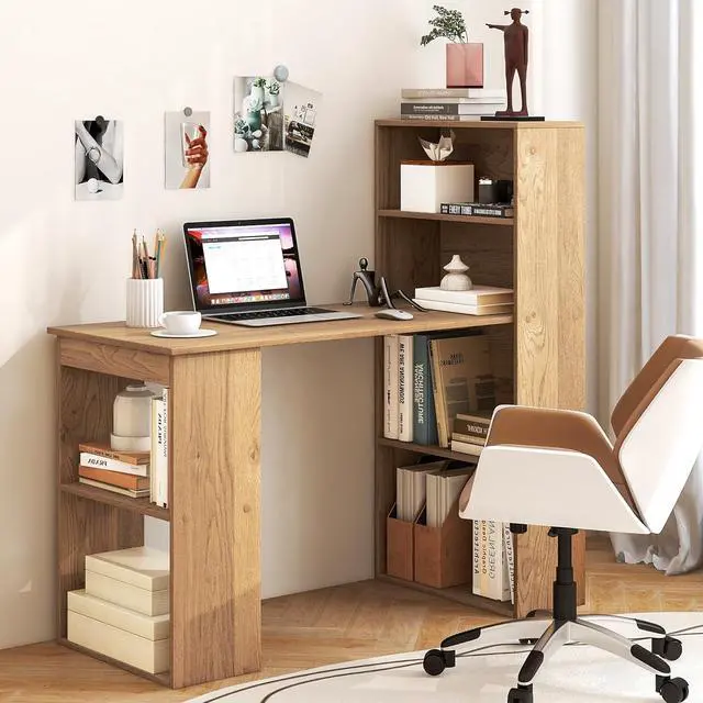Alt view image 5 of 7 - Tangkula Computer Desk with Bookshelf, Writing Study Desk with Storage Shelves & CPU Stand, Modern Compact Computer Workstation for Home & Office, Space-Saving Design(Natural)