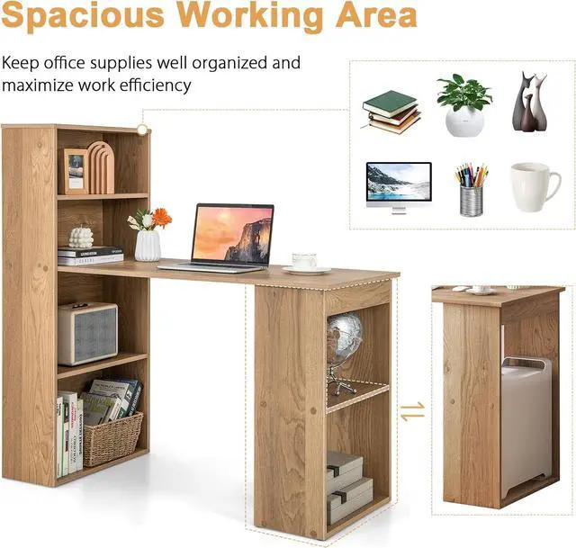 Alt view image 7 of 7 - Tangkula Computer Desk with Bookshelf, Writing Study Desk with Storage Shelves & CPU Stand, Modern Compact Computer Workstation for Home & Office, Space-Saving Design(Natural)