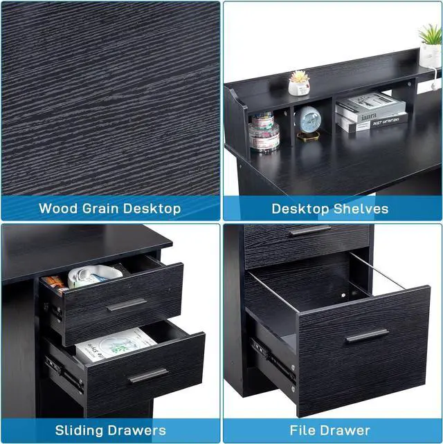 Alt view image 5 of 7 - Karl home Black Computer Desk with Drawers  Desktop Hutch, Modern Work Study Gaming Writing Home Office Desks with Storage for Kids, Small Wood Table for Bedroom, PC Laptop Workstation