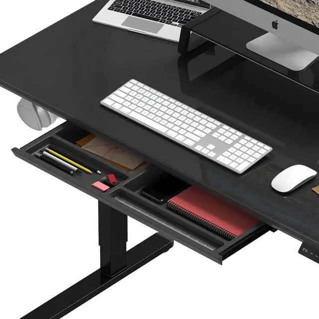Alt view image 5 of 7 - SHW 48-Inch Whole-Piece Glass Electric Height Adjustable Desk with Monitor Riser and Drawer, Black