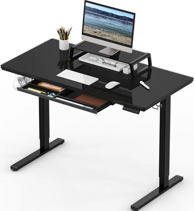 Main image of SHW 48-Inch Whole-Piece Glass Electric Height Adjustable Desk with Monitor Riser and Drawer, Black