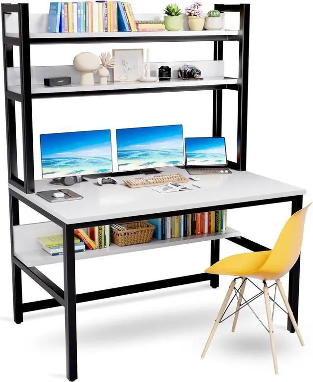 Main image of Aquzee Computer Desk with Hutch and Bookshelves, 55 inch Width White Desk with Shelves for Storage, Easy Assemble