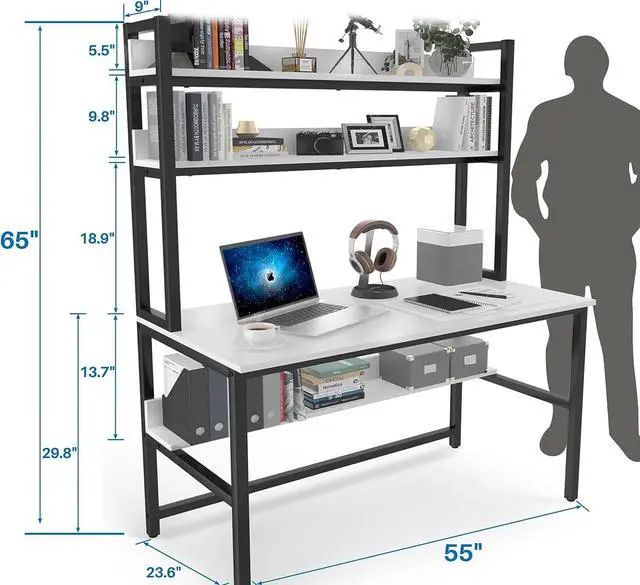 Alt view image 3 of 7 - Aquzee Computer Desk with Hutch and Bookshelves, 55 inch Width White Desk with Shelves for Storage, Easy Assemble