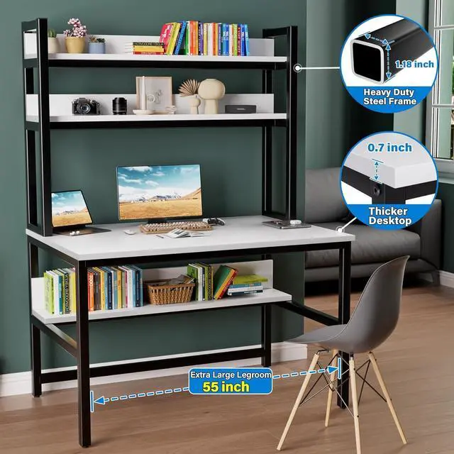 Alt view image 4 of 7 - Aquzee Computer Desk with Hutch and Bookshelves, 55 inch Width White Desk with Shelves for Storage, Easy Assemble