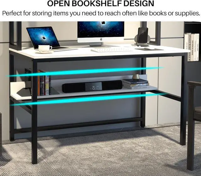 Alt view image 6 of 7 - Aquzee Computer Desk with Hutch and Bookshelves, 55 inch Width White Desk with Shelves for Storage, Easy Assemble