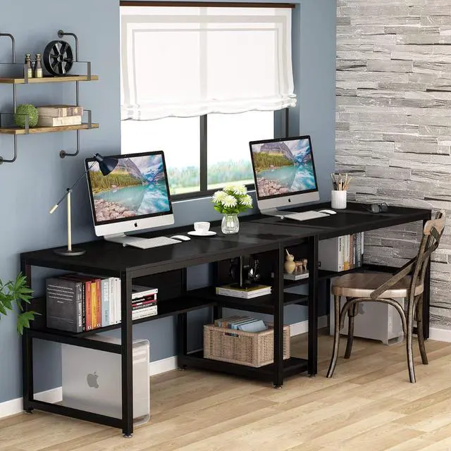 Alt view image 2 of 7 - Tribesigns Two Person Desk with Bookshelf, 78.7 Computer Office Double Desk for Two Person, Rustic Writing Desk Workstation with Shelf for Home Office (Black)