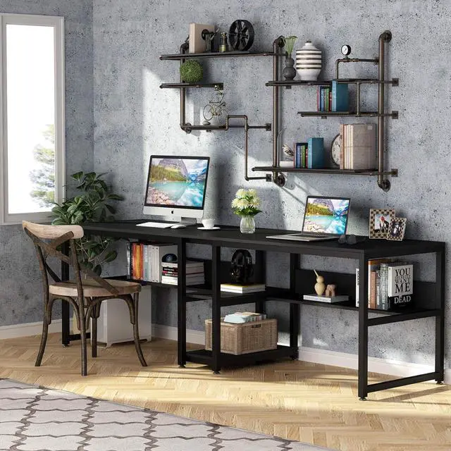 Alt view image 3 of 7 - Tribesigns Two Person Desk with Bookshelf, 78.7 Computer Office Double Desk for Two Person, Rustic Writing Desk Workstation with Shelf for Home Office (Black)