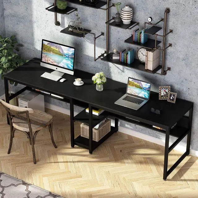 Alt view image 4 of 7 - Tribesigns Two Person Desk with Bookshelf, 78.7 Computer Office Double Desk for Two Person, Rustic Writing Desk Workstation with Shelf for Home Office (Black)