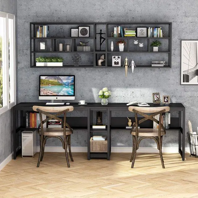 Alt view image 5 of 7 - Tribesigns Two Person Desk with Bookshelf, 78.7 Computer Office Double Desk for Two Person, Rustic Writing Desk Workstation with Shelf for Home Office (Black)