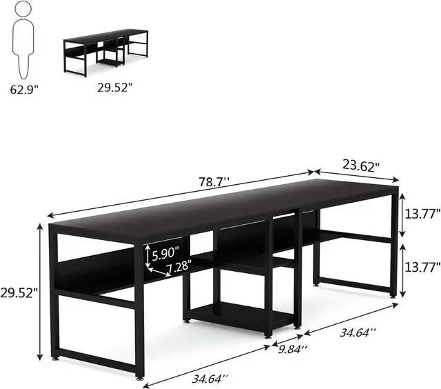 Alt view image 7 of 7 - Tribesigns Two Person Desk with Bookshelf, 78.7 Computer Office Double Desk for Two Person, Rustic Writing Desk Workstation with Shelf for Home Office (Black)