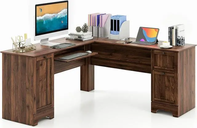 Main image of Tangkula L-Shaped Office Desk with Storage Drawers & Keyboard Tray, Home Office Corner Computer Desk with Cabinet & Inner Adjustable Shelf, Space-Saving Study Writing Desk, Computer Workstation