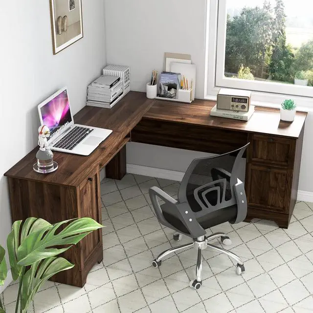 Alt view image 2 of 7 - Tangkula L-Shaped Office Desk with Storage Drawers & Keyboard Tray, Home Office Corner Computer Desk with Cabinet & Inner Adjustable Shelf, Space-Saving Study Writing Desk, Computer Workstation