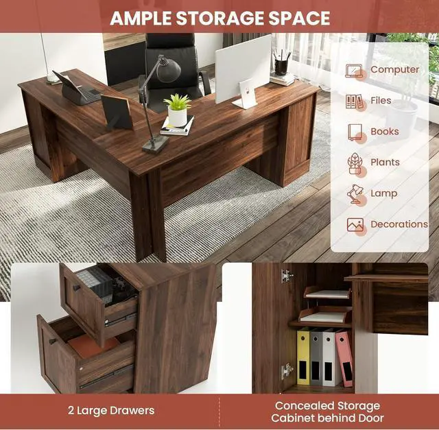 Alt view image 6 of 7 - Tangkula L-Shaped Office Desk with Storage Drawers & Keyboard Tray, Home Office Corner Computer Desk with Cabinet & Inner Adjustable Shelf, Space-Saving Study Writing Desk, Computer Workstation