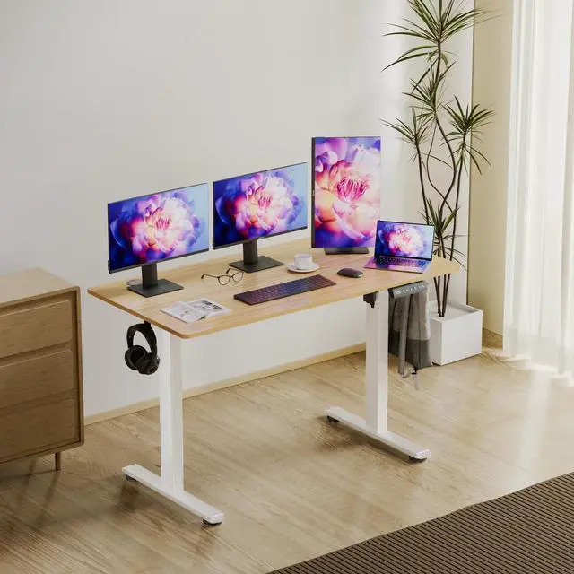 Alt view image 2 of 7 - JUNHEDAMAI Electric Height Adjustable Standing Desk, 55 * 24 Inch Sit Stand Up Desk, Ergonomic Computer Desk with 2 Headphone Hook for Home Office Sturdy Writing Workstation, Gaming Room