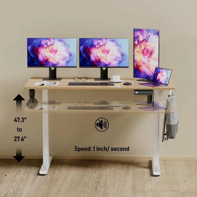 Alt view image 4 of 7 - JUNHEDAMAI Electric Height Adjustable Standing Desk, 55 * 24 Inch Sit Stand Up Desk, Ergonomic Computer Desk with 2 Headphone Hook for Home Office Sturdy Writing Workstation, Gaming Room