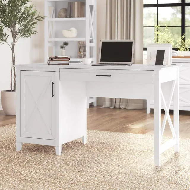 Alt view image 2 of 6 - Bush Furniture Key West Computer Desk with Storage | Small for Home Office | Modern Farmhouse, 54W, Pure White Oak