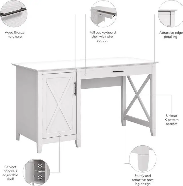 Alt view image 4 of 6 - Bush Furniture Key West Computer Desk with Storage | Small for Home Office | Modern Farmhouse, 54W, Pure White Oak