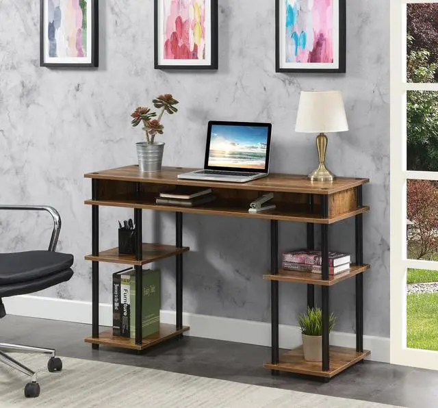 Alt view image 2 of 6 - Convenience Concepts Designs2Go No Tools Student Contemporary Office Desk and Vanity with Shelves, 47.25" L x 15.75" W x 30" H, Barnwood/Black
